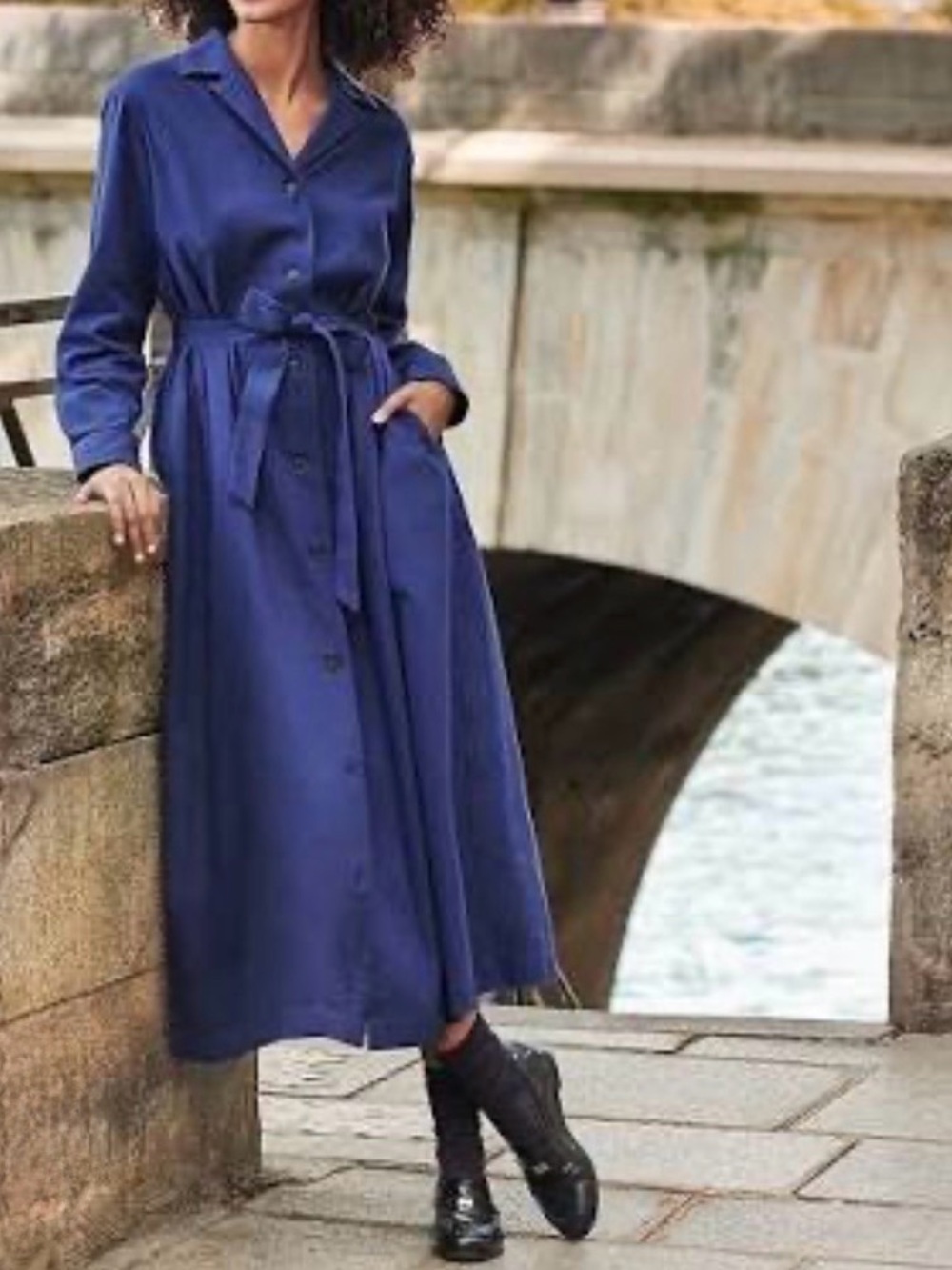 Ines de la Fressange Uniqlo Denim Chambray Midi Shirt Dress Tie Waist Small EUC